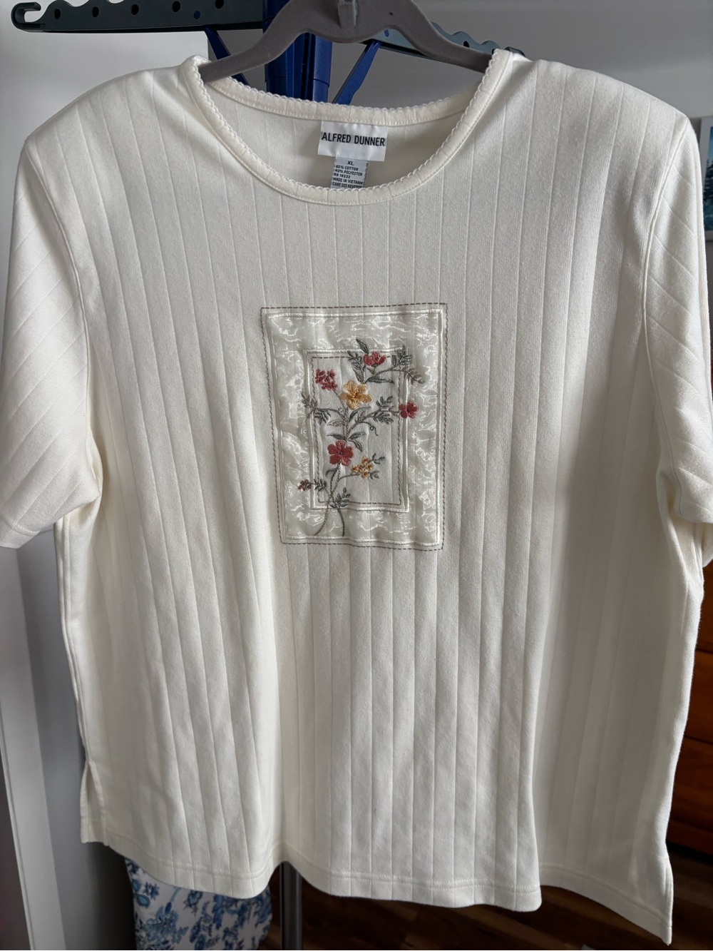 Alfred Dunner Cream Short-Sleeve Top with Floral Embroidery